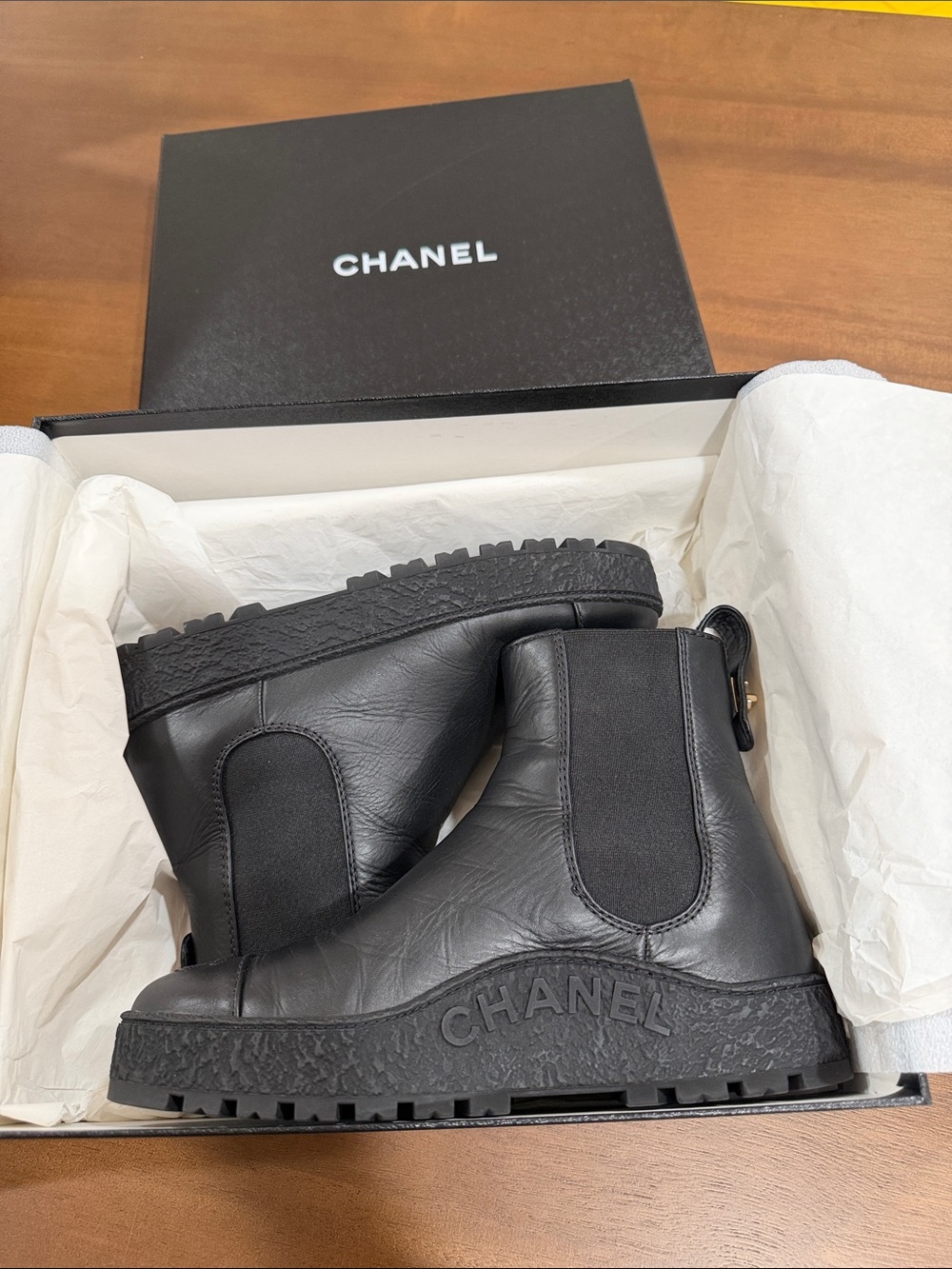 CHANEL Black Leather Platform Chelsea Booties with CC Toe Motif - Picture 9 of 12